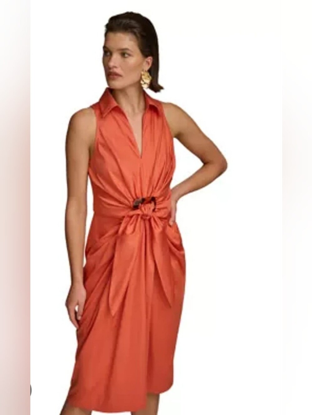 NWT Donna Karan Sleeveless Belted Orange Knot-Front Midi Dress Sz 6 100% Cotton
